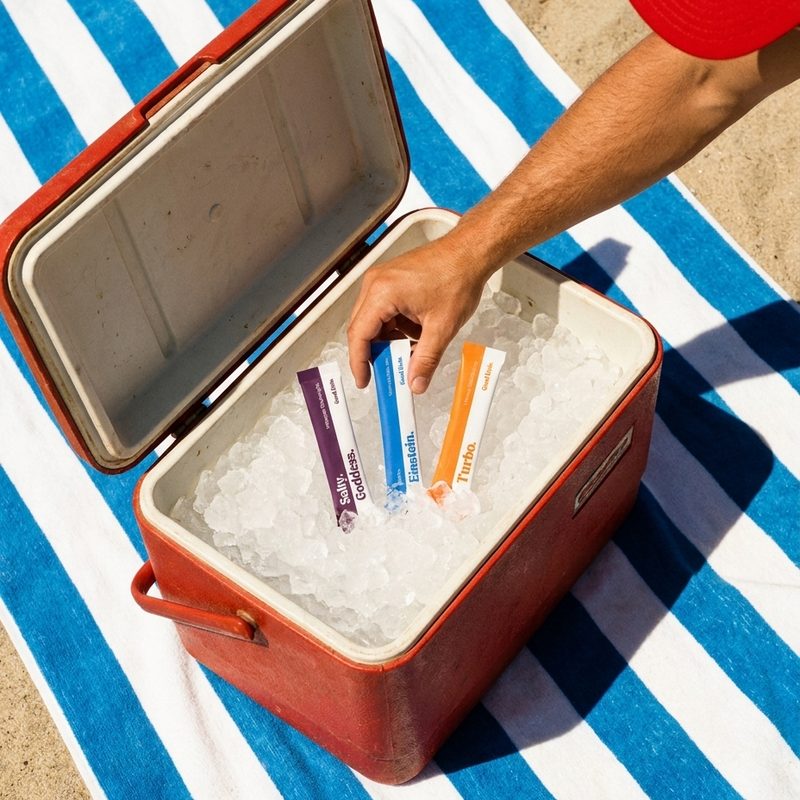 A hand reaching into a cooler of ice for Salty stick packs on a striped beach towel